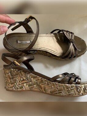 Vintage Miu Miu leather & raffia platform sandals in metallic sage green